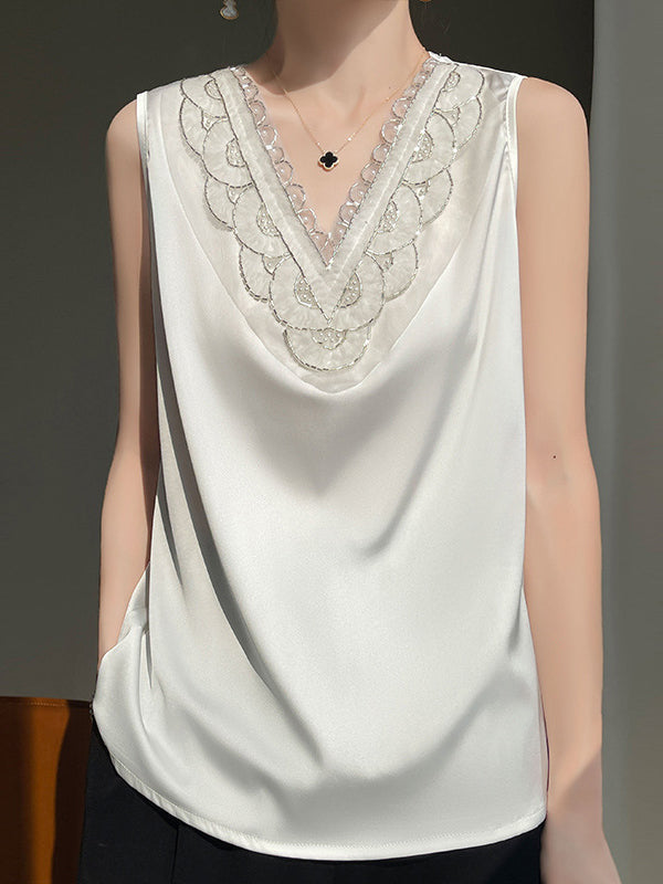 Loose Plus Size Beaded Split-Joint V-Neck Vest Top