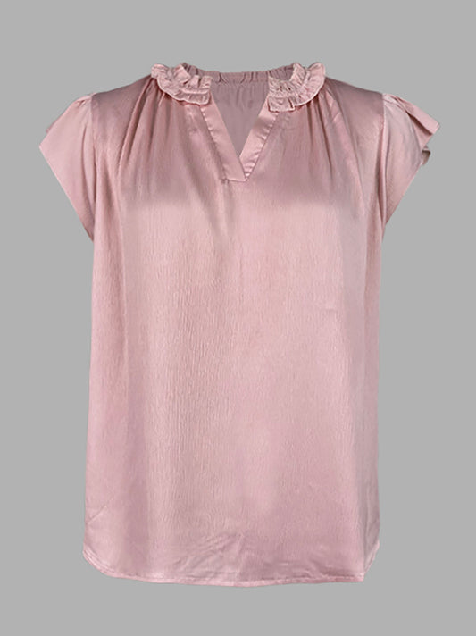 Loose Ruffle Sleeves Pleated Solid Color V-Neck T-Shirts Tops