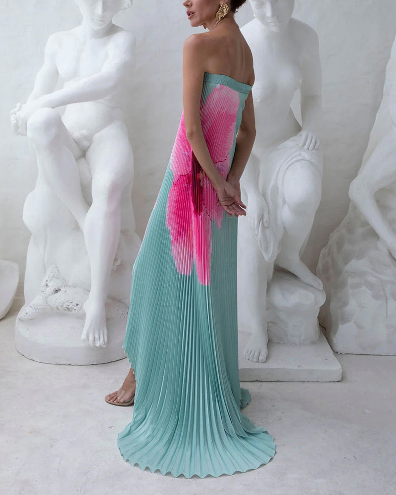 Elegant Strapless Pleated Flower Dress