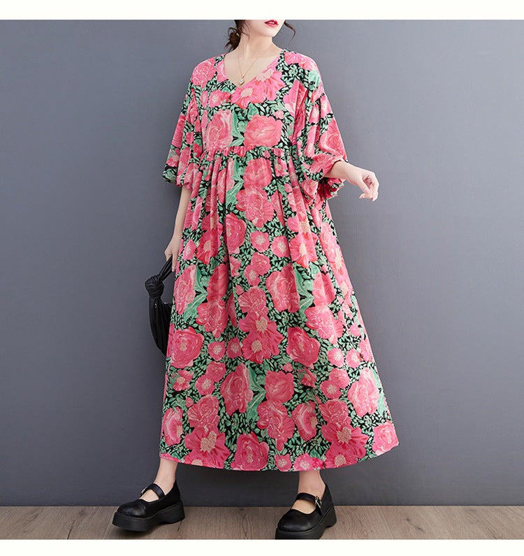 Literary Print Round Neck Short Sleeve Midi Dress