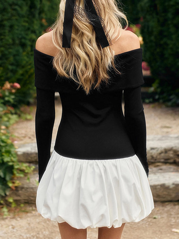 High Waisted Long Sleeves Contrast Color Pleated Split-Joint Off-The-Shoulder Mini Dresses