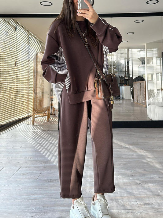 Women's striped patchwork casual two-piece set