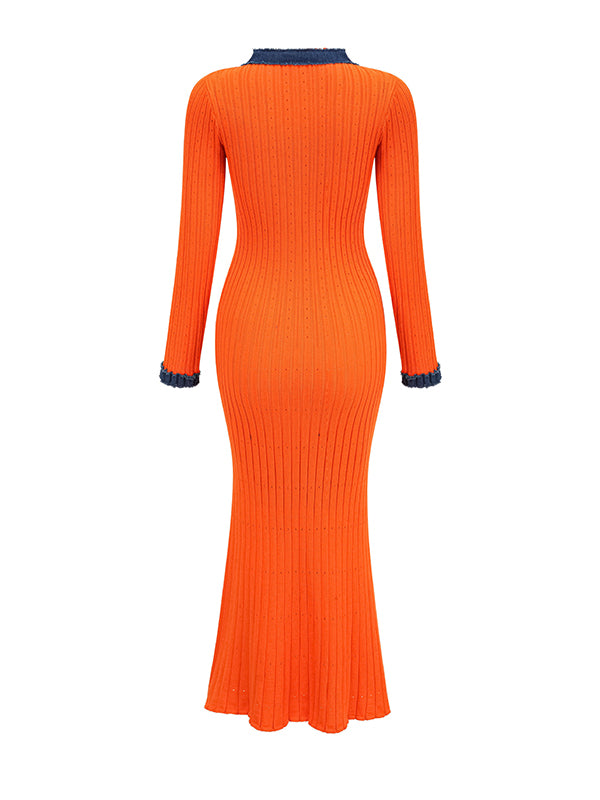 Bodycon High Waisted Buttoned Round-Neck Knit Dresses Midi Dresses