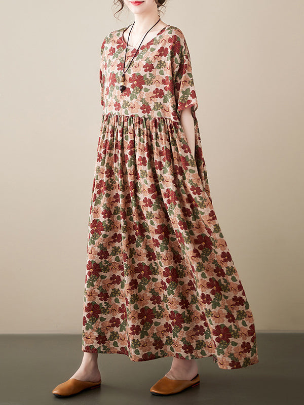Ethnic Style Floral Print Short Sleeve Round Neck Maxi Dress