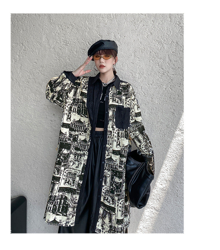 Vintage Print Lapel Windbreaker Coat