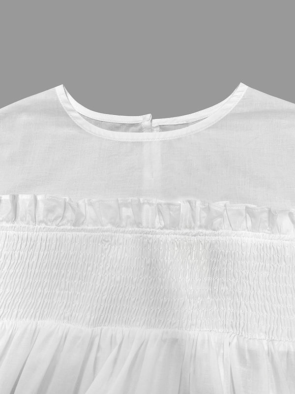 A-Line Long Sleeves Mesh Pleated See-Through Solid Color Split-Joint Round-Neck Midi Dresses