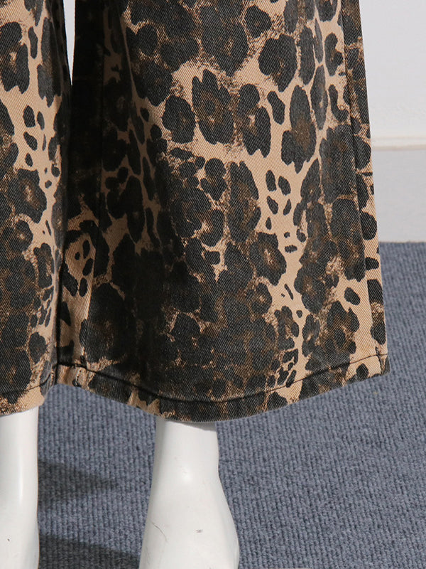 High Waisted Loose Leopard Printed Ripped Split-Joint Jean Pants Bottoms