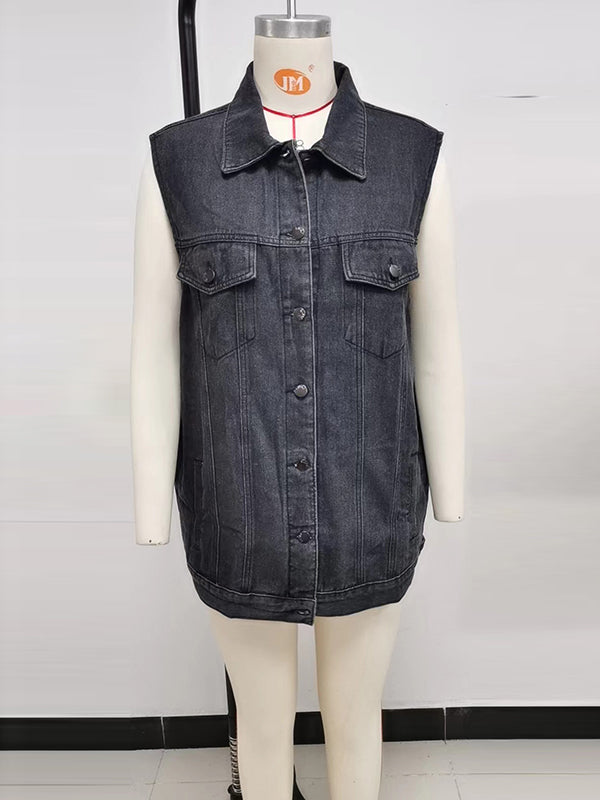 Loose Sleeveless Buttoned Drawstring Pockets Split-Joint Polo Vest Outerwear
