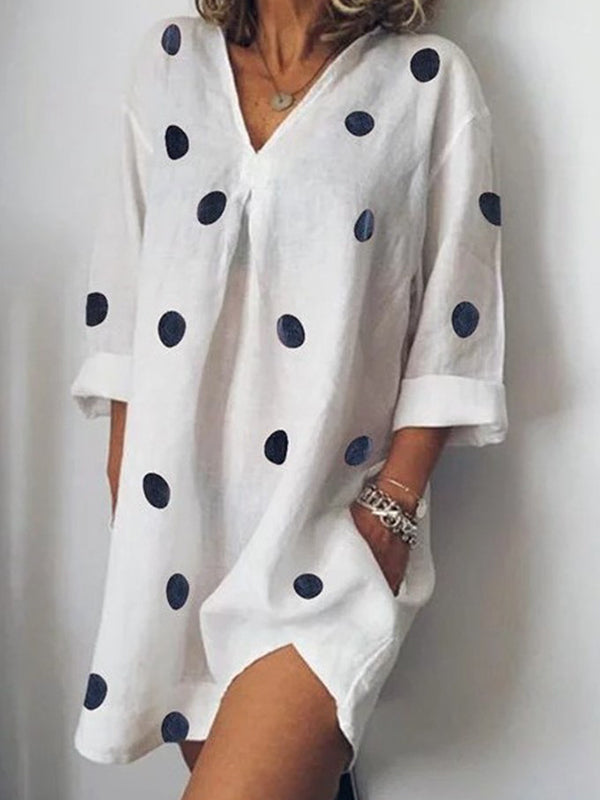Loose Three-quarter Sleeves Pockets Polka-Dot V-neck Mini Dresses