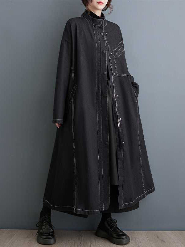 Long Sleeves Loose Buttoned Pockets Split-Joint Stand Collar Outerwear Trench Coats