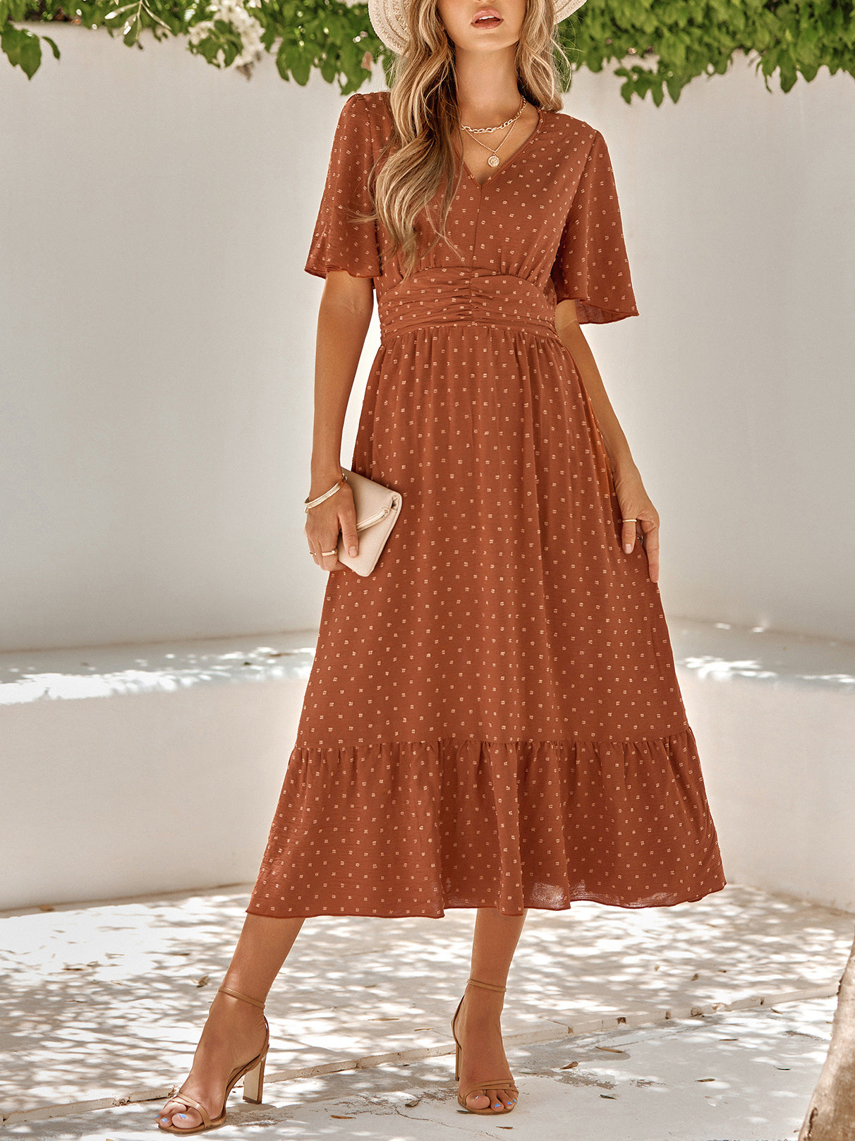 V Neck Ruffle Sleeve Solid Color Maxi Dress