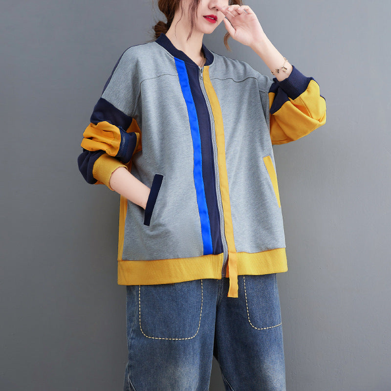 Casual Color Blocking Round Neck Long Sleeve Baseball Jacket