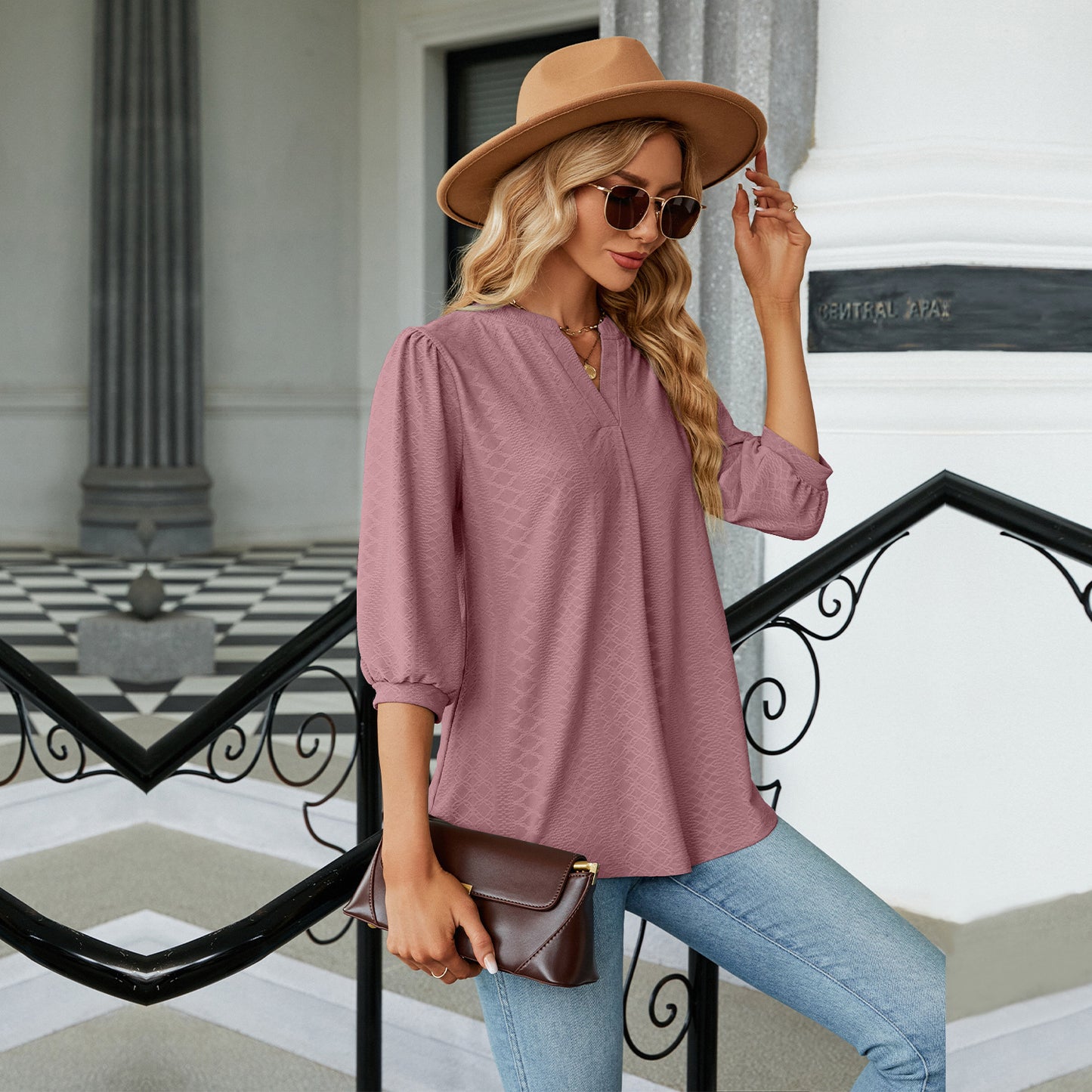 Autumn and Winter new solid color and V-neck jacquard 3/4 sleeve loose-fitting T-shirt top women