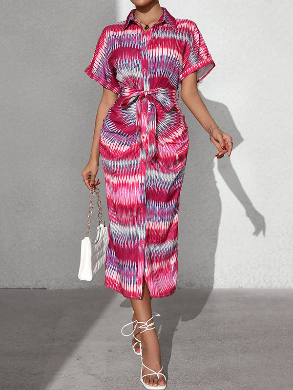 Raglan Sleeve Short Sleeves Buttoned Pleated Tied Waist Lapel Midi Dresses