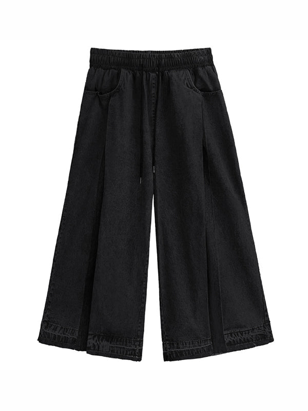 Loose Wide Leg Contrast Color Drawstring Fringed Pockets Jean Pants Bottoms