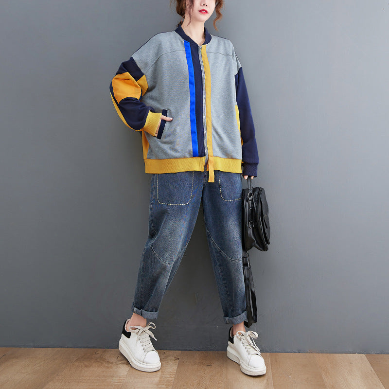 Casual Color Blocking Round Neck Long Sleeve Baseball Jacket