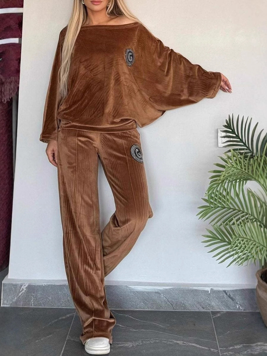 2024 European and American Cross-border Explosions Women's Spring and Autumn Golden Velvet Solid Color Crewneck Bat Sleeve Casual Two-piece Women's Clothing