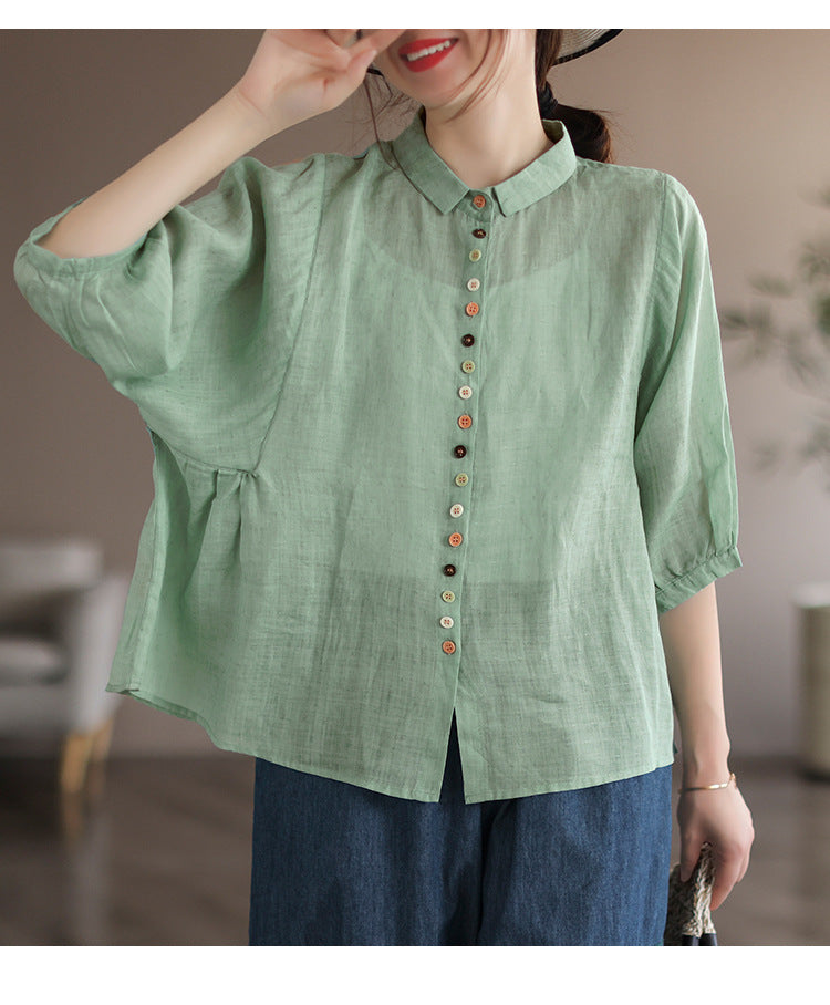 Literary Solid Color Lapel Bat Sleeve Shirt