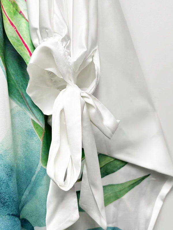 Batwing Sleeves Loose Flower Print Tied Round-Neck Maxi Dresses