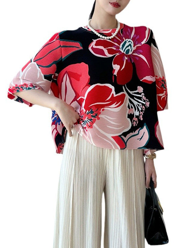 A-Line Half Sleeves Flower Print Pleated Round-Neck T-Shirts Tops