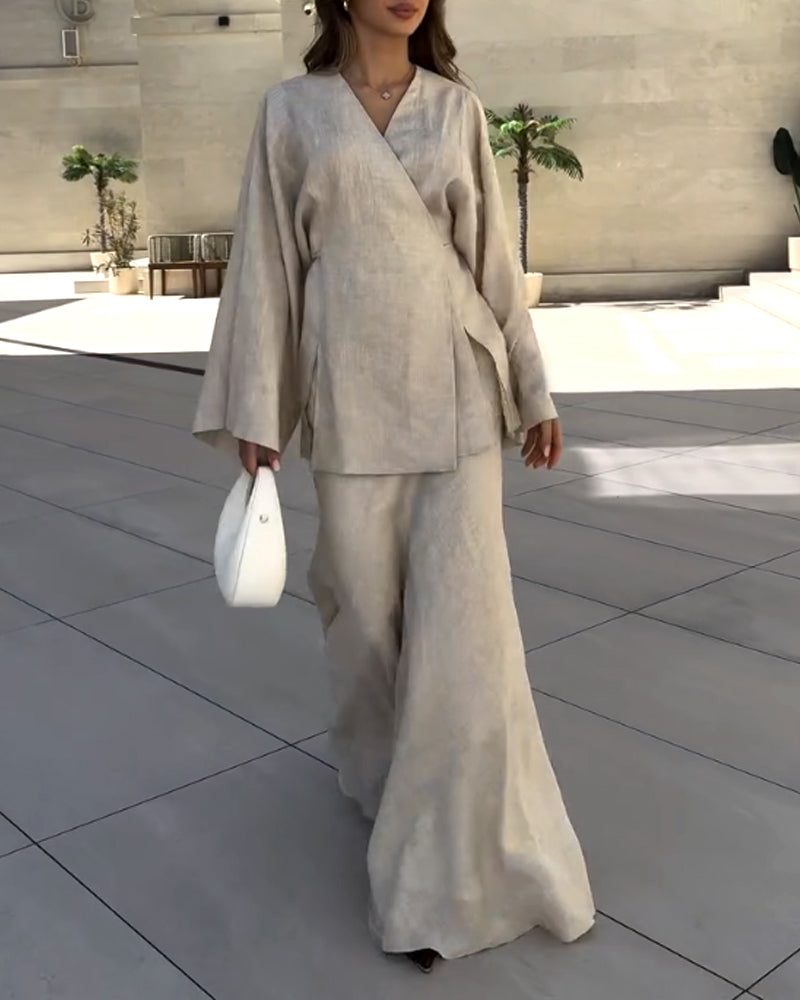 Casual V-Neck Split Shirt & Skirt Two-Piece Set