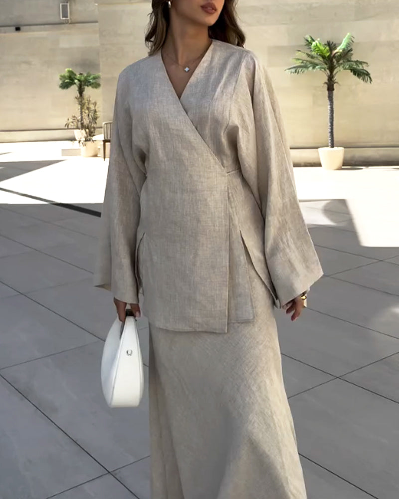 Casual V-Neck Split Shirt & Skirt Two-Piece Set