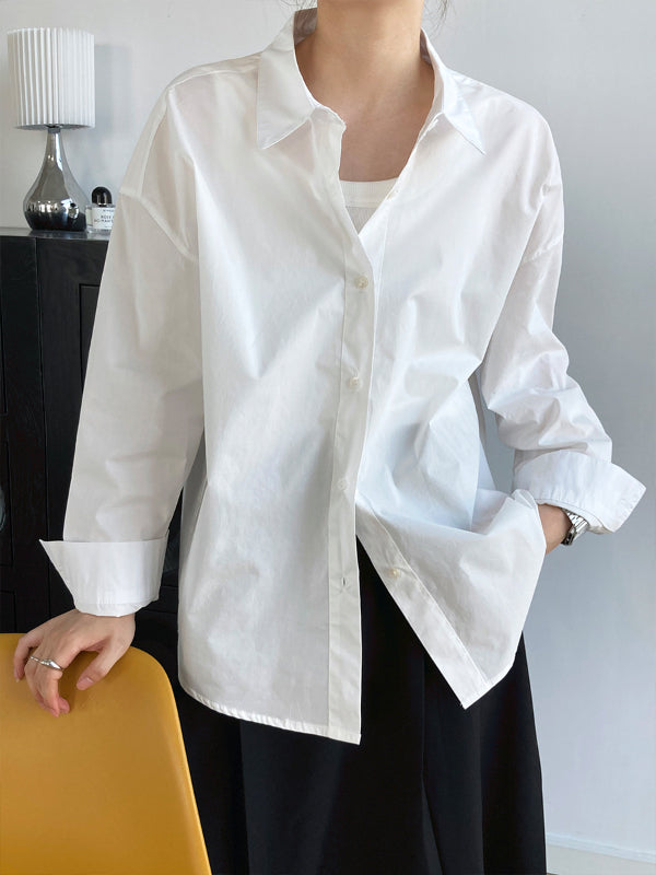 Simple Loose Solid Color Long Sleeve Shirt