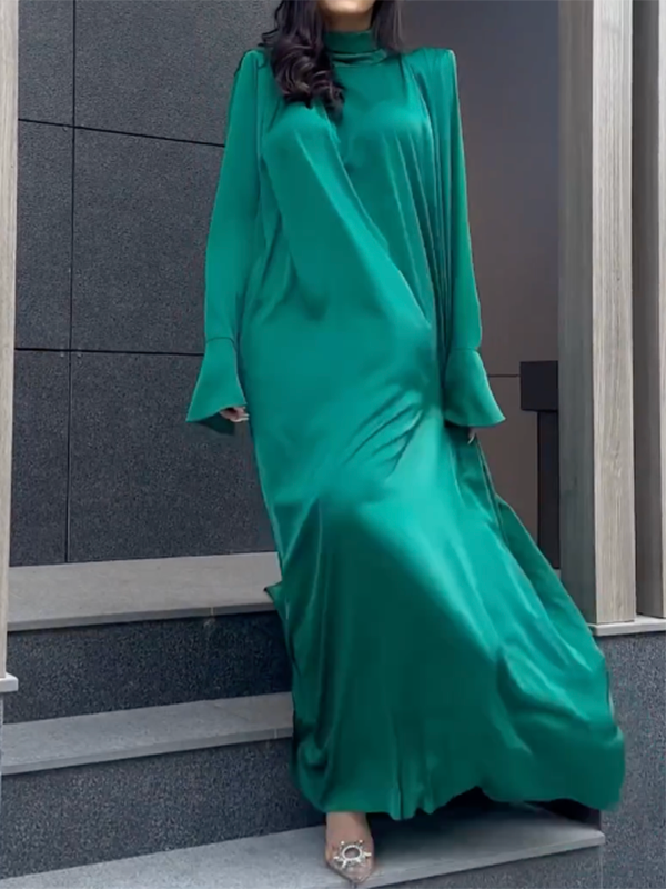 Flared Sleeves Long Sleeves Solid Color High-Neck Maxi Dresses