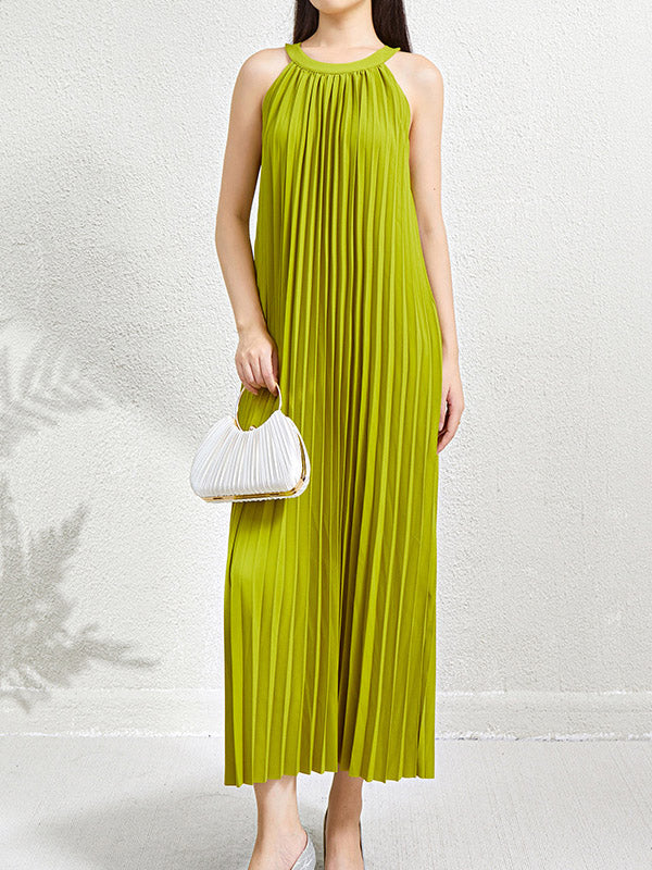 Loose Sleeveless Hollow Pleated Pockets Solid Color Halter-Neck Maxi Dresses