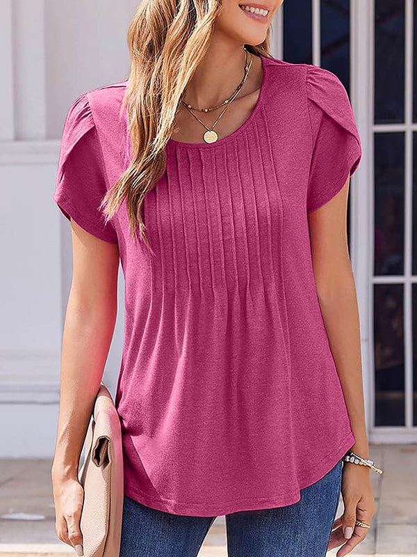 Loose Short Sleeves Pleated Solid Color Round-Neck T-Shirts Tops