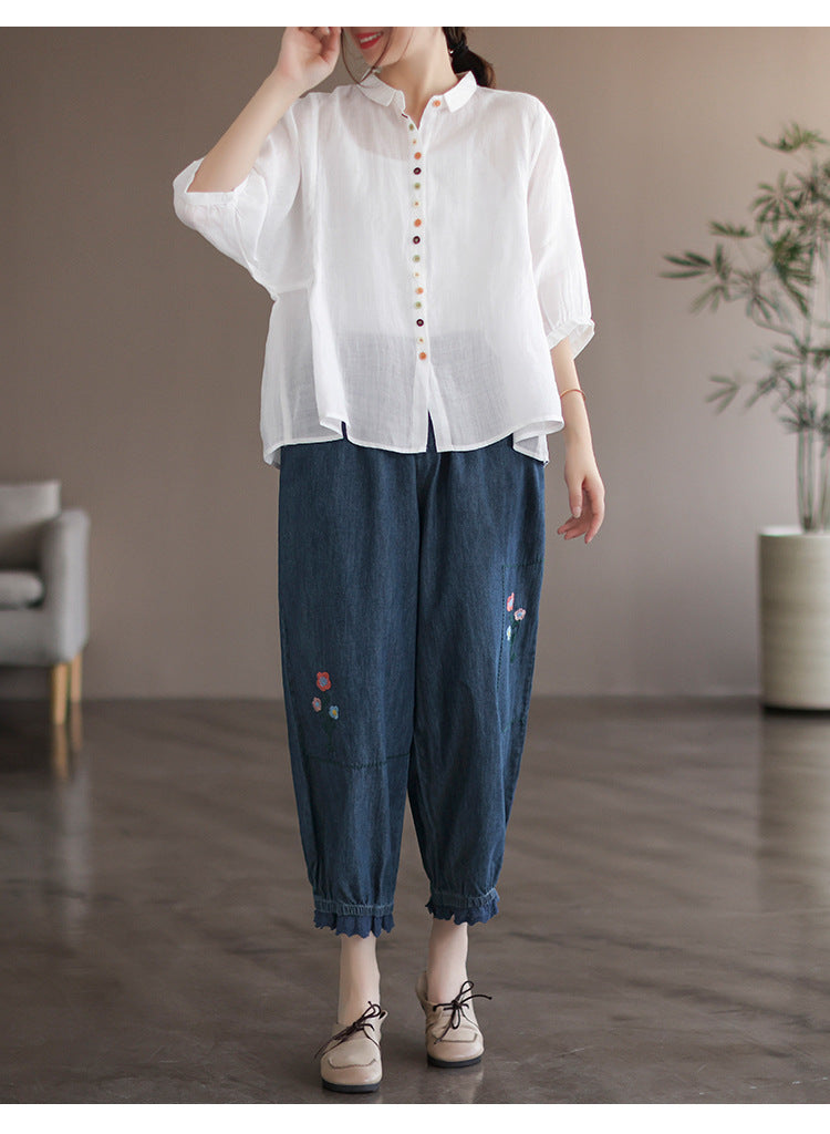 Literary Solid Color Lapel Bat Sleeve Shirt