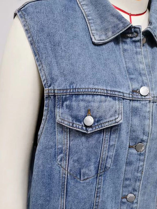 Loose Sleeveless Buttoned Drawstring Pockets Split-Joint Polo Vest Outerwear