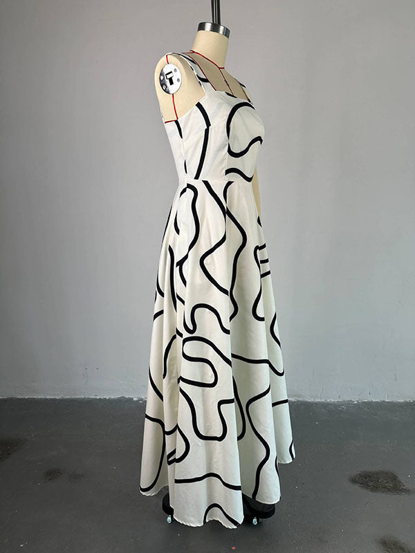 A-Line High Waisted Pockets Printed Split-Joint Spaghetti-Neck Maxi Dresses