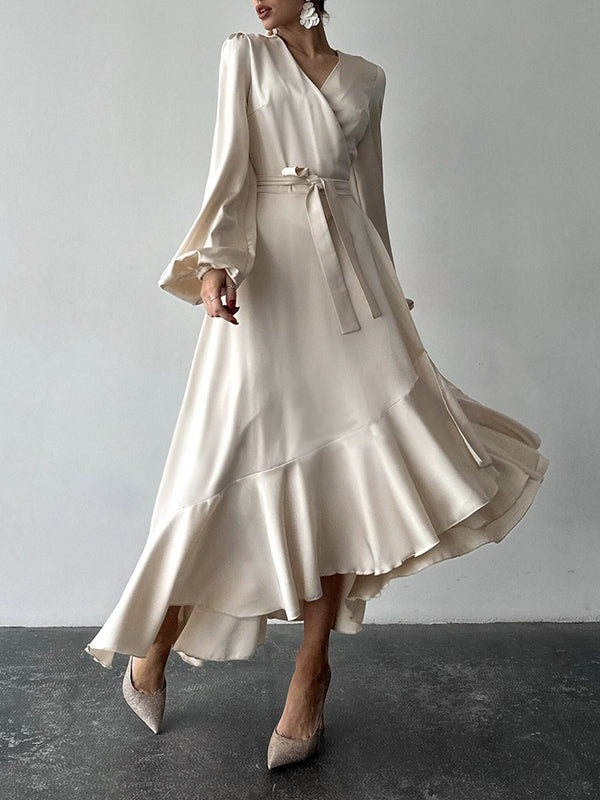 Loose Puff Sleeves Asymmetric Pleated Solid Color Split-Joint Tied Waist V-Neck Maxi Dresses Shirt Dress