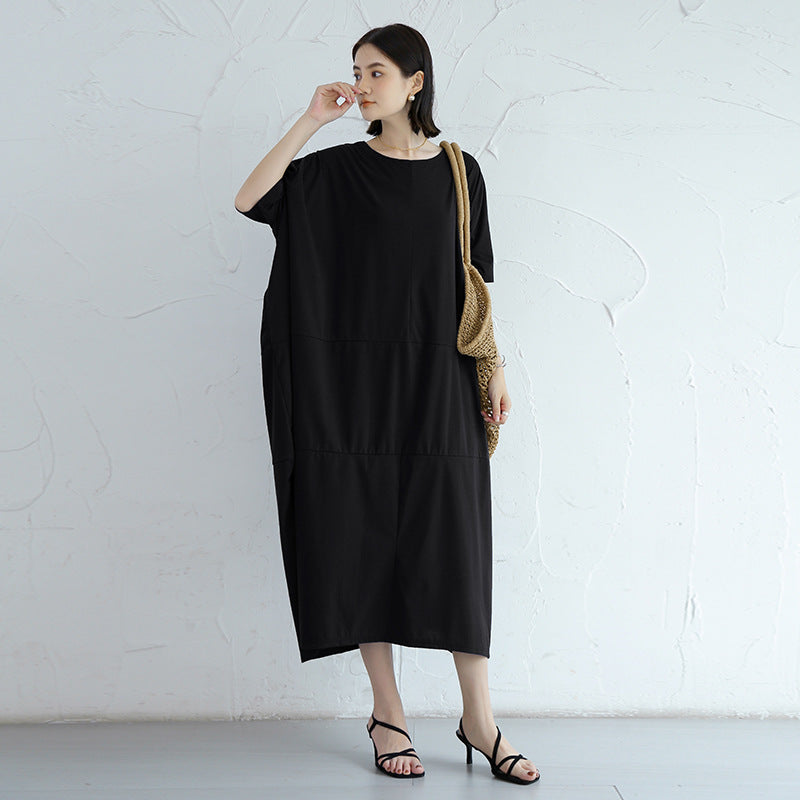 Loose Solid Round Neck Bat Sleeve Maxi Dress With Pocket