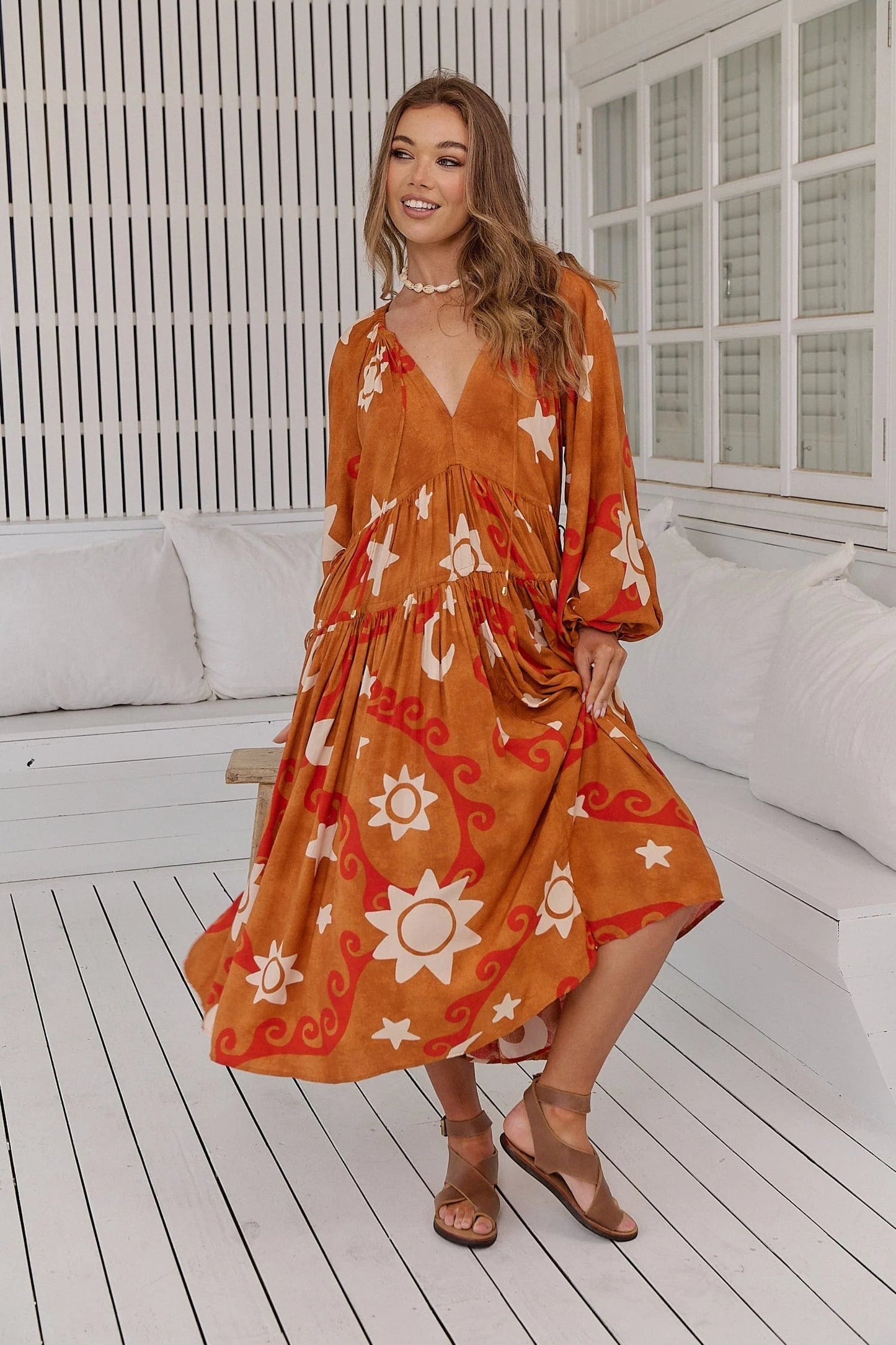 Women Long Sleeved Printed Boho Dress