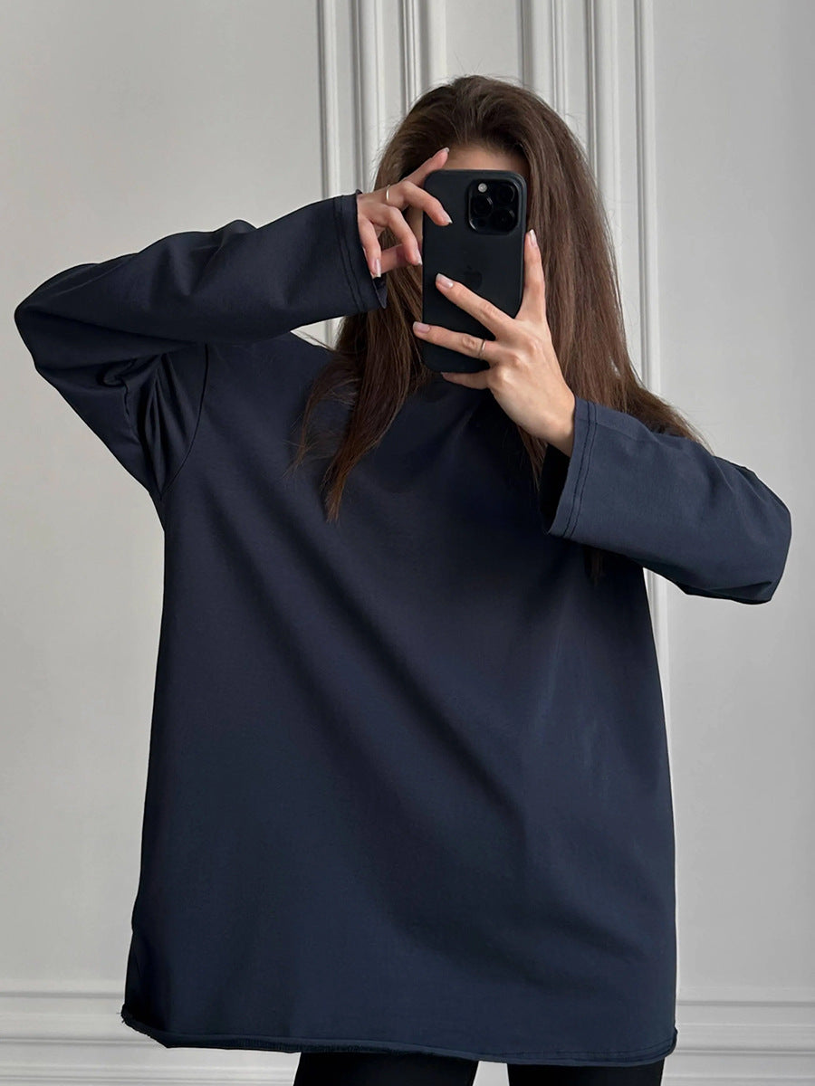 Women's cotton T-shirt spring and autumn loose solid color Oversize round neck long sleeve loose top