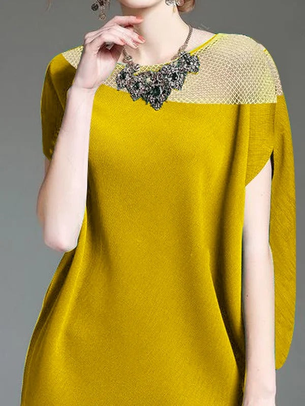 Loose Raglan Sleeve Mesh Split-Joint Round-Neck Mini Dresses