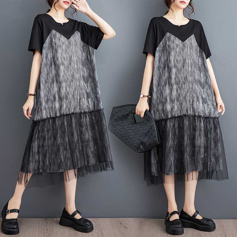 Literary Mesh Splicing Short Sleeve Midi Dress