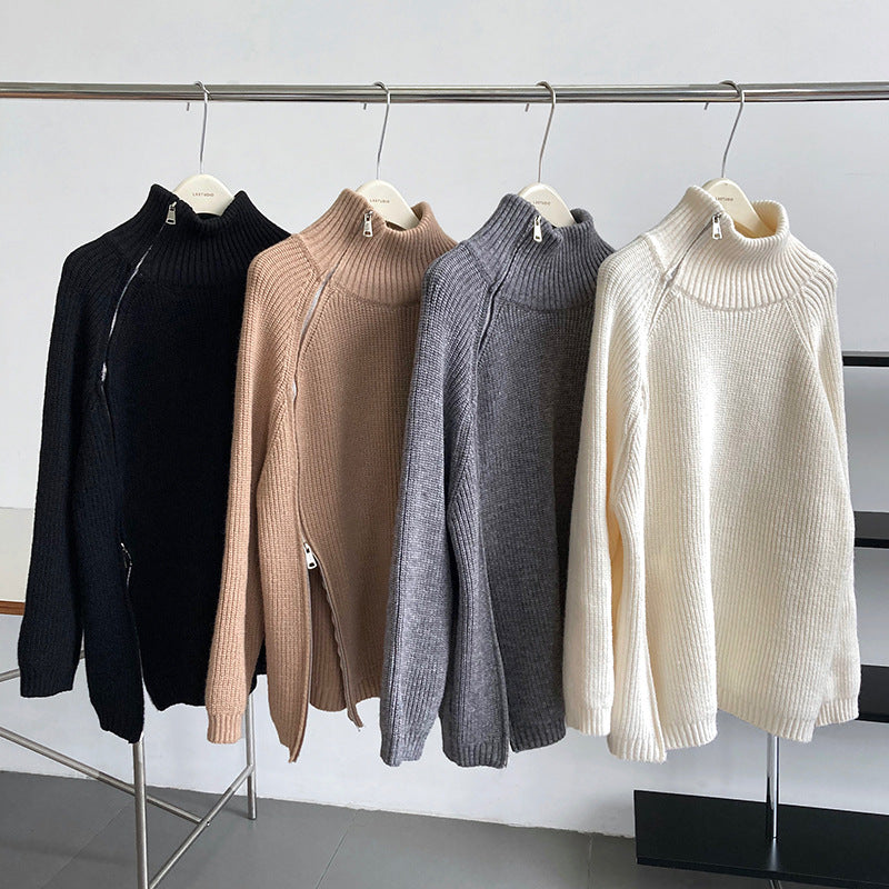 Casual Solid Color Zipper Turtleneck Knit Sweater