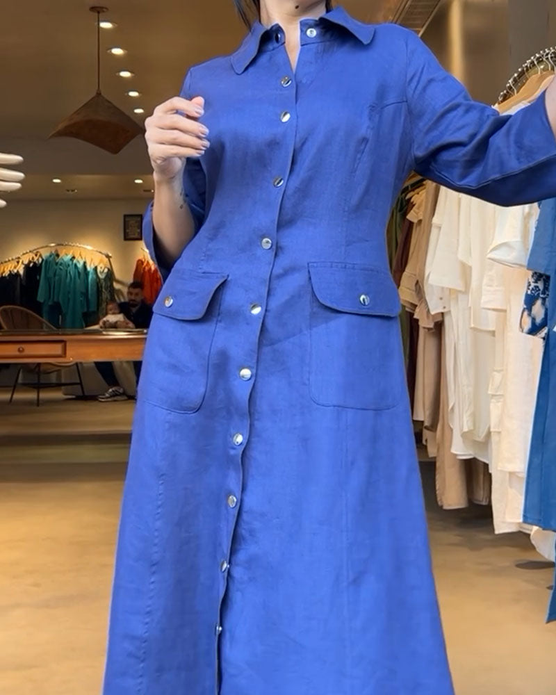 Cotton and linen buttoned three-quarter sleeve dress