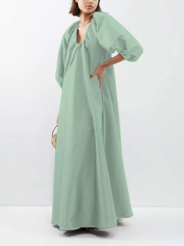 V-Neck Solid Color Puffy Sleeves Loose Maxi Dress