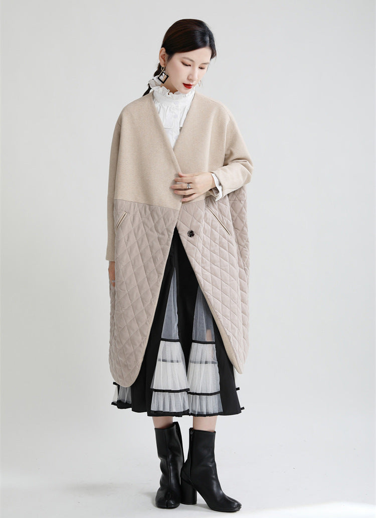 Niche Design Splicing V-Neck Cotton Coat