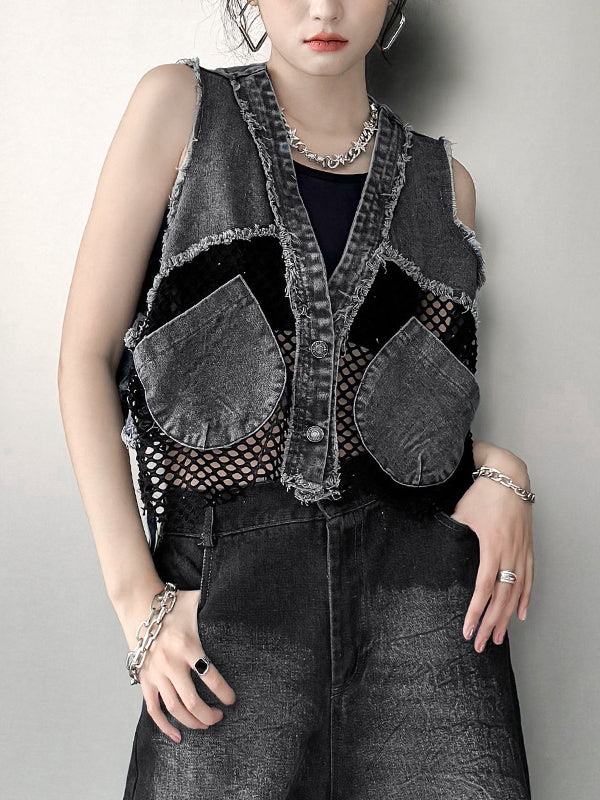 Vintage Mesh Splicing Denim Vest