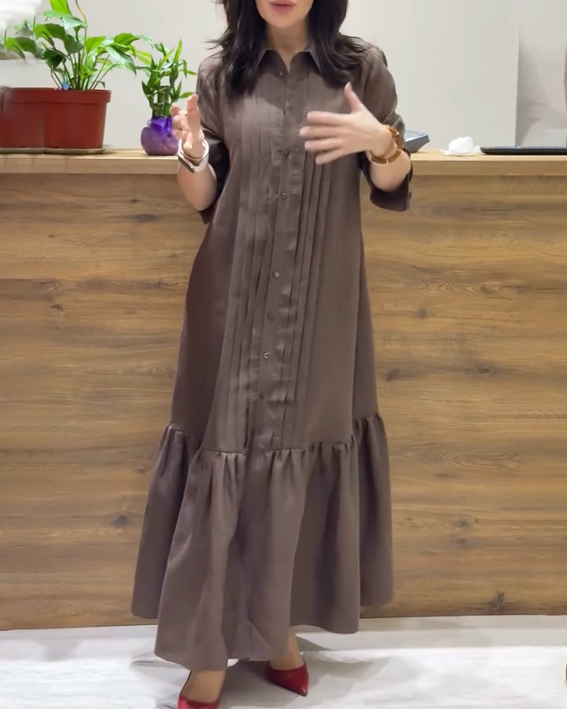 Stylish Linen Pleated Long Shirt Dress