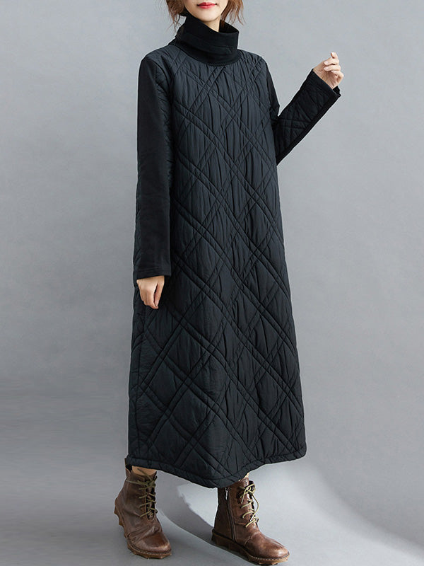 Simple Split-Joint High-Neck H-Line Quilted Midi Dress