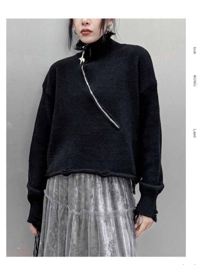 Simple Slant Zipper Turtleneck Sweater