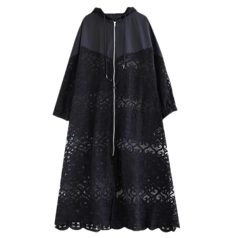 Casual Spliced Hollow Lace Hooded Trench Coat