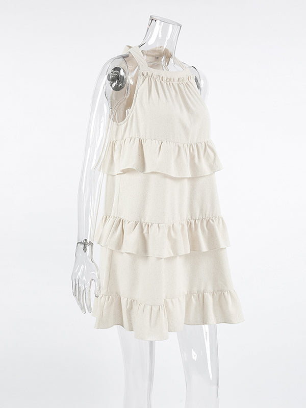 A-line Loose Ruffle Trim Solid Color Tied Zipper Spaghetti-Neck Mini Dresses