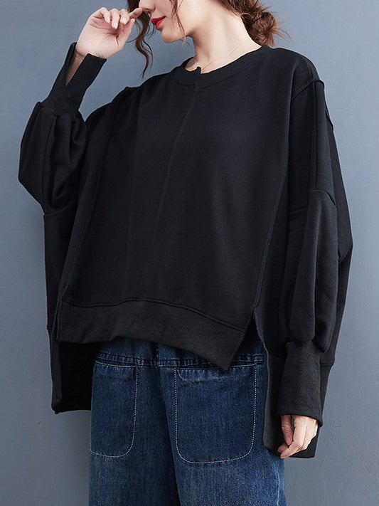 Asymmetric Solid Color Round Neck Long Sleeve Sweater